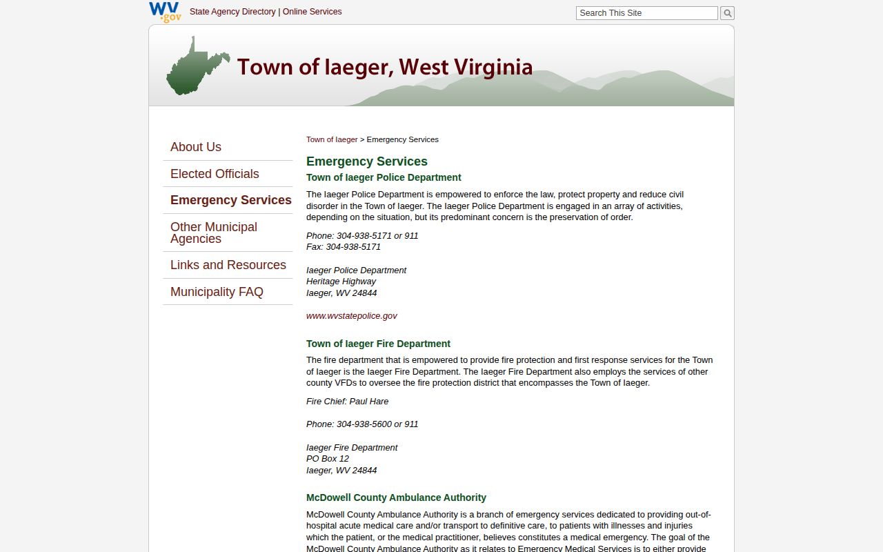 Iaeger McDowell County arrest-record source on the official Iaeger emergency-services page